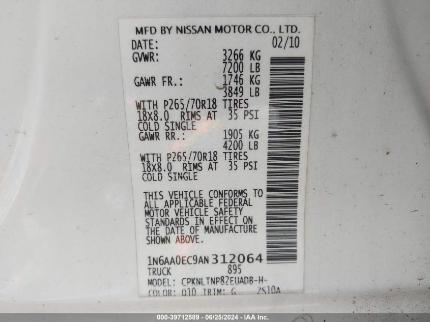 2010 Nissan Titan Se VIN: 1N6AA0EC9AN312064 Lot: 39712589