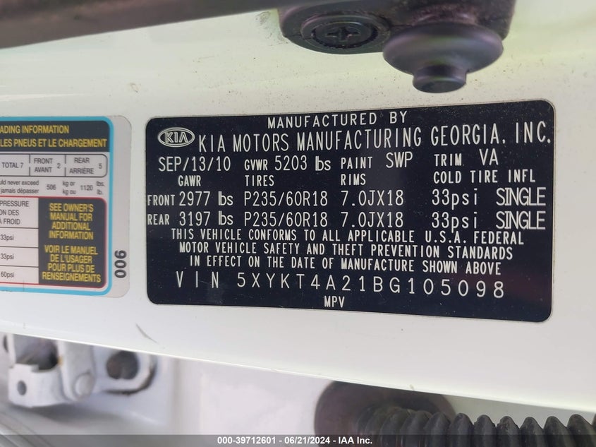 2011 Kia Sorento Lx V6 VIN: 5XYKT4A21BG105098 Lot: 39712601