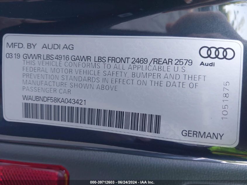 WAUBNDF58KA043421 2019 Audi A5 45 Premium