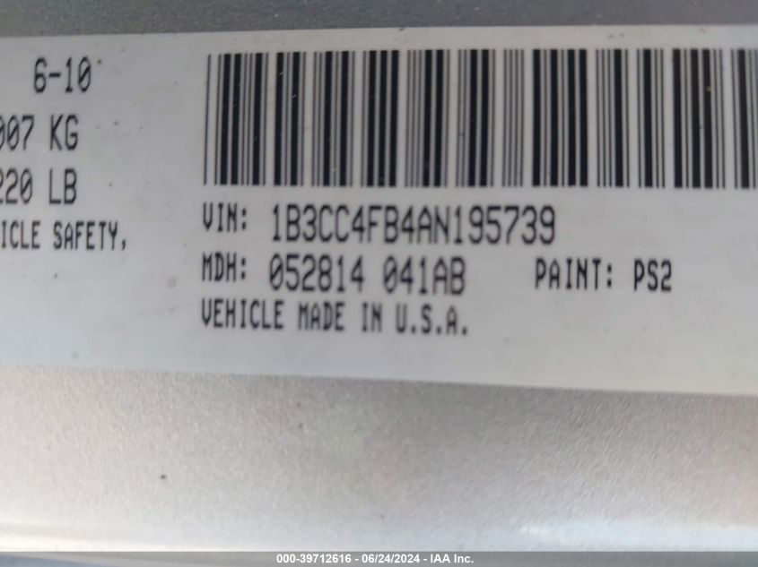 2010 Dodge Avenger Sxt VIN: 1B3CC4FB4AN195739 Lot: 39712616