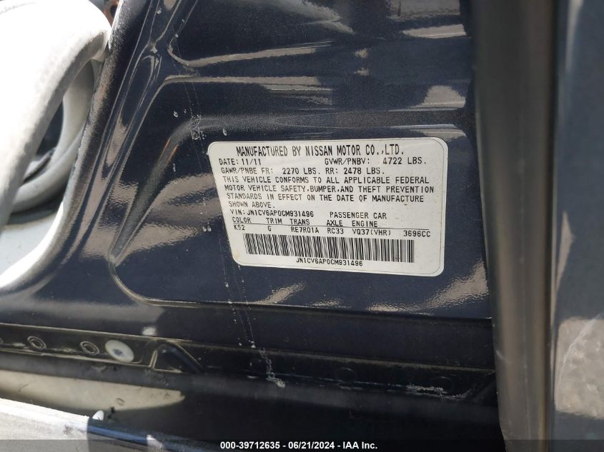 2012 Infiniti G37 Sport VIN: JN1CV6AP0CM931496 Lot: 39712635