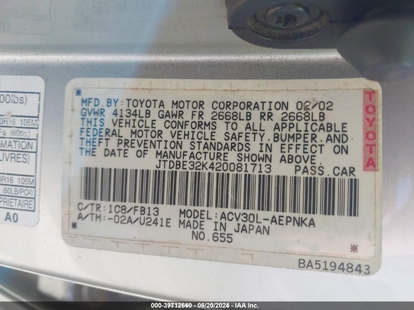 JTDBE32K420081713 2002 Toyota Camry Le/Se/Xle