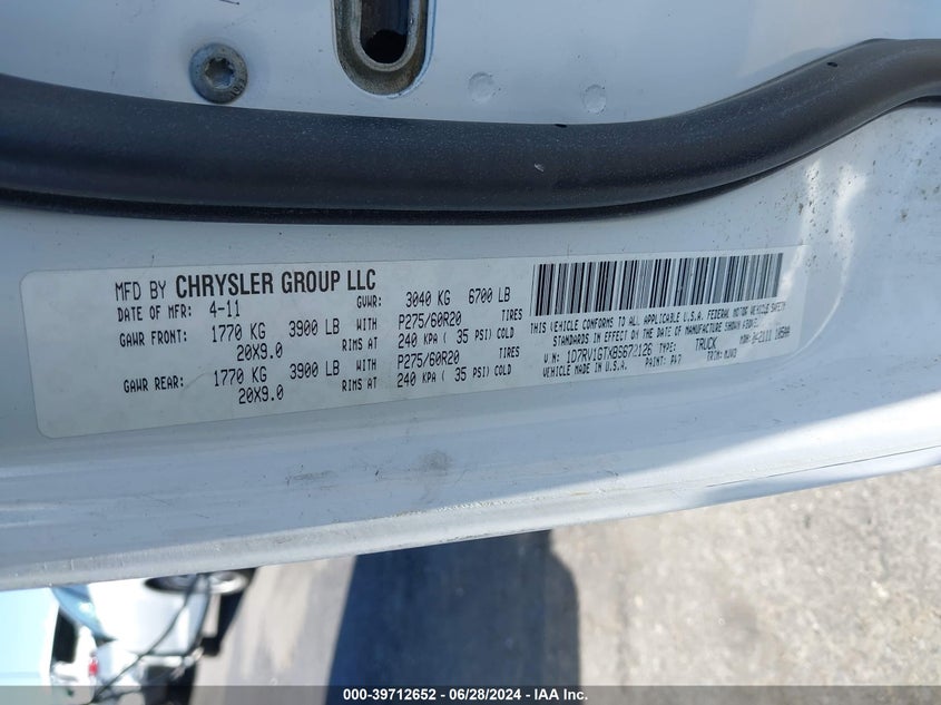 2011 Ram Ram 1500 Slt VIN: 1D7RV1GTXBS672126 Lot: 39712652