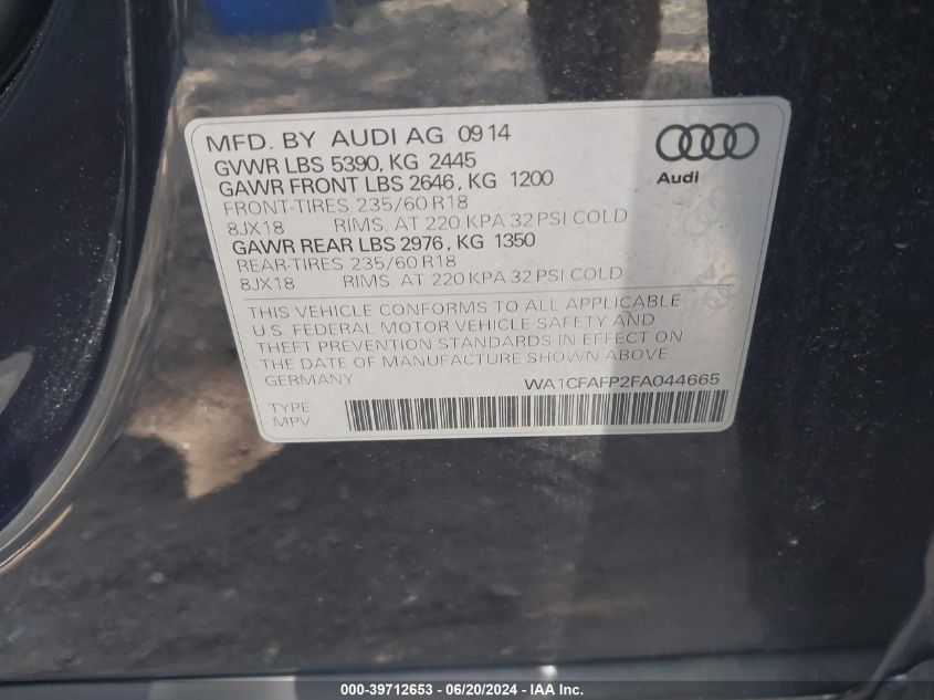 2015 Audi Q5 2.0T Premium VIN: WA1CFAFP2FA044665 Lot: 39712653