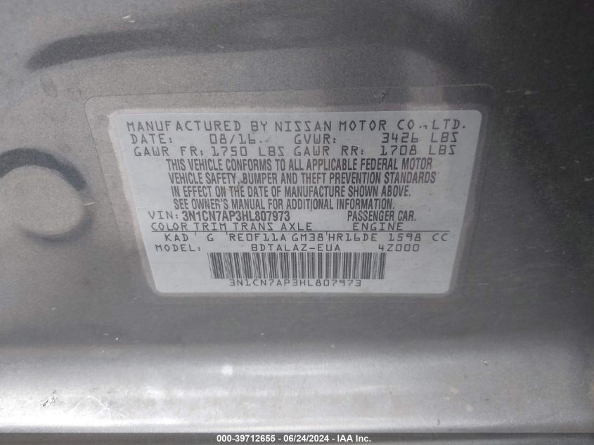 2017 Nissan Versa 1.6 S+ VIN: 3N1CN7AP3HL807973 Lot: 39712655