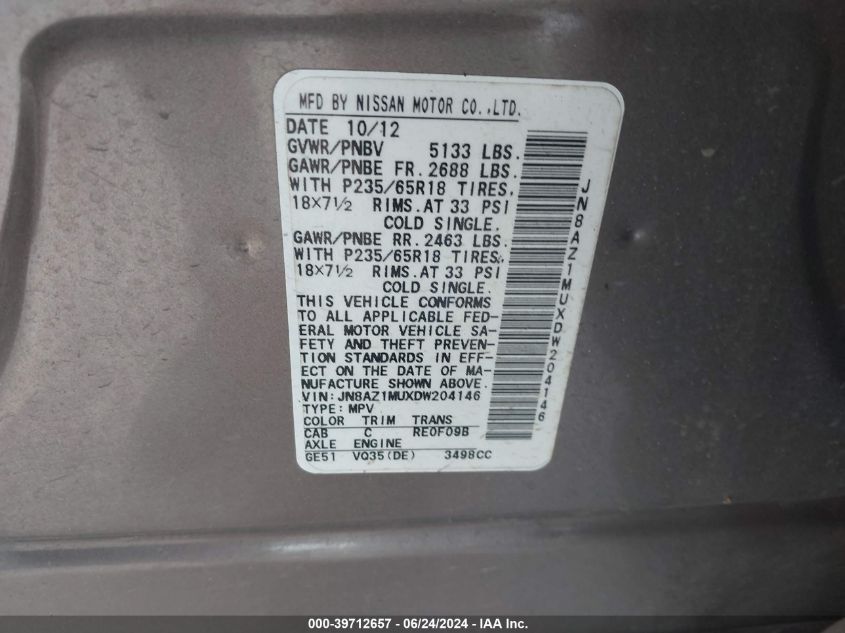 2013 Nissan Murano Sl VIN: JN8AZ1MUXDW204146 Lot: 39712657