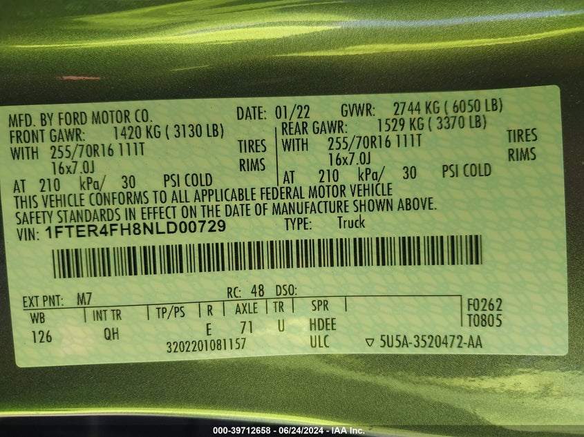 2022 Ford Ranger Xl VIN: 1FTER4FH8NLD00729 Lot: 39712658