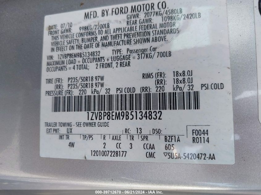 2011 Ford Mustang V6 Premium VIN: 1ZVBP8EM9B5134832 Lot: 39712670