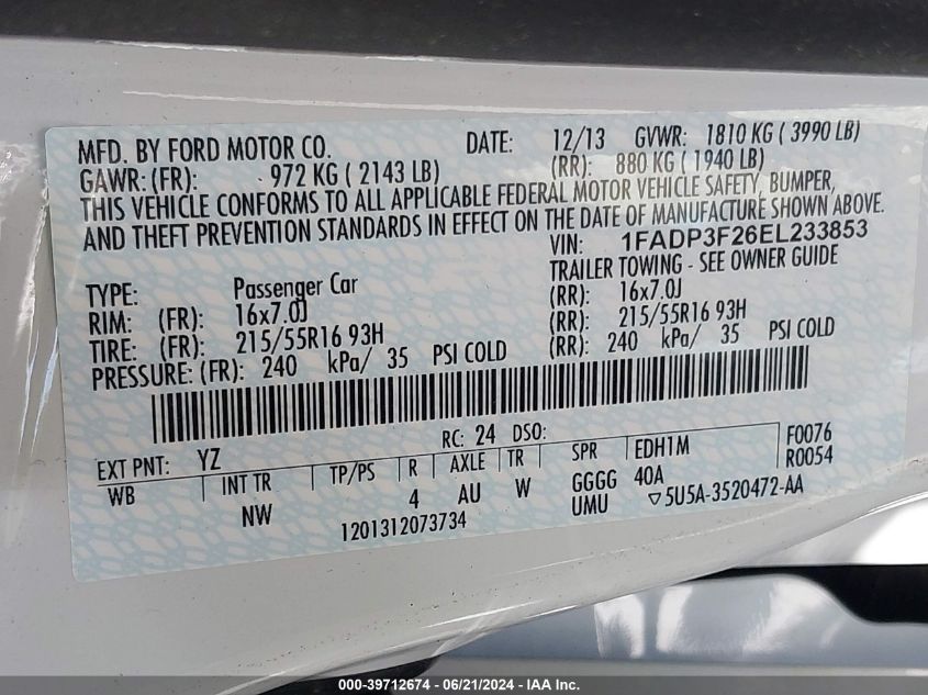 2014 Ford Focus Se VIN: 1FADP3F26EL233853 Lot: 39712674