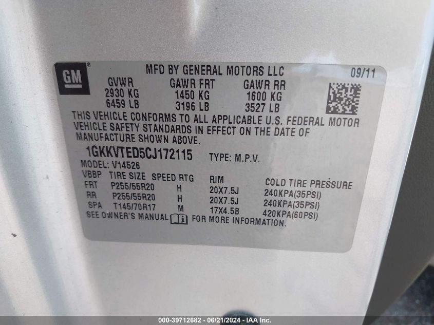 2012 GMC Acadia Denali VIN: 1GKKVTED5CJ172115 Lot: 39712682