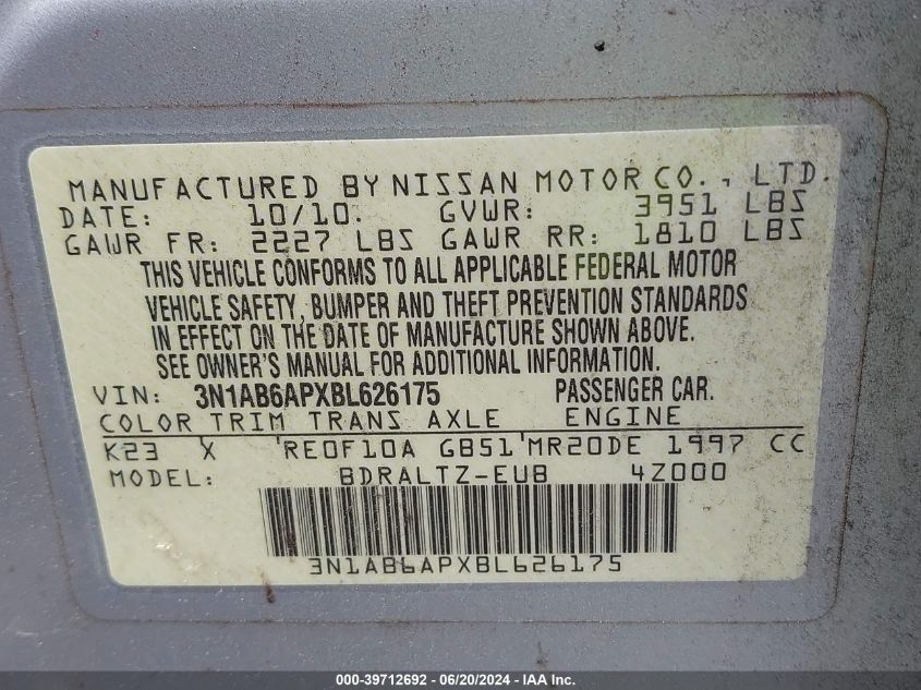 2011 Nissan Sentra 2.0S VIN: 3N1AB6APXBL626175 Lot: 39712692