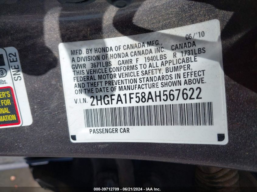 2010 Honda Civic Lx VIN: 2HGFA1F58AH567622 Lot: 39712709