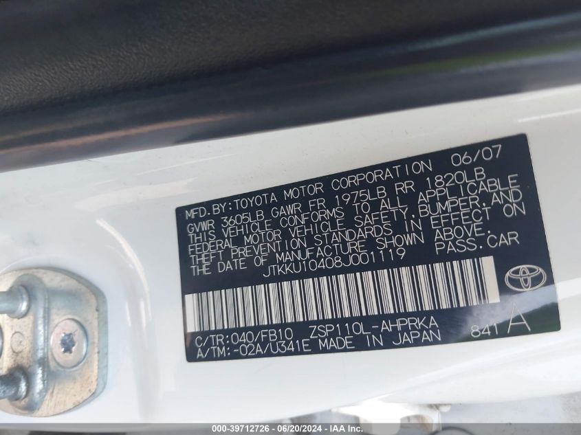 2008 Scion Xd VIN: JTKKU10408J001119 Lot: 39712726