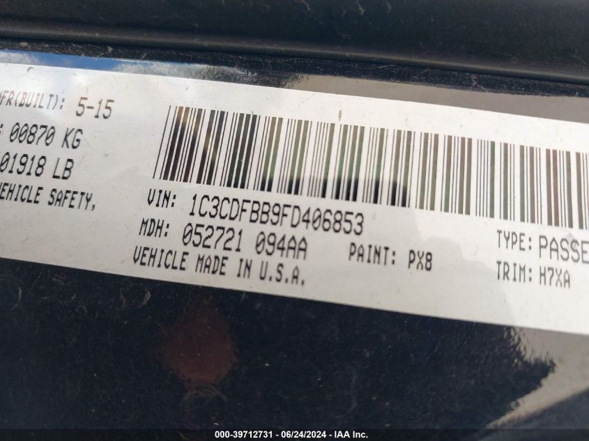 2015 Dodge Dart Sxt VIN: 1C3CDFBB9FD406853 Lot: 39712731