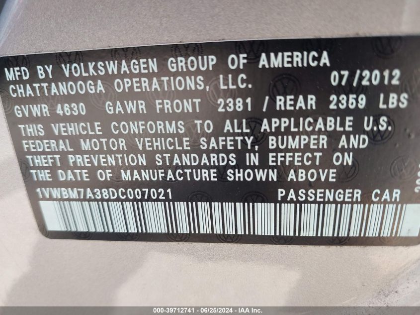 2013 Volkswagen Passat 3.6L V6 Se VIN: 1VWBM7A38DC007021 Lot: 39712741