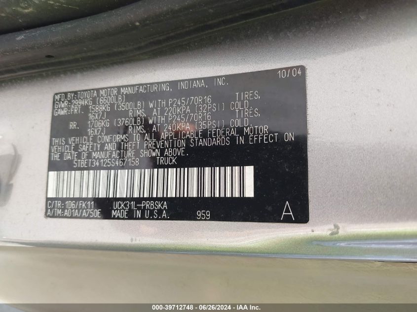 2005 Toyota Tundra Double Cab Sr5 VIN: 5TBET34125S467158 Lot: 39712748