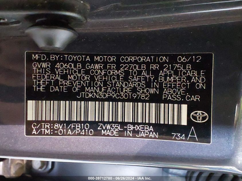 2012 Toyota Prius Plug-In VIN: JTDKN3DP9C3019782 Lot: 39712780