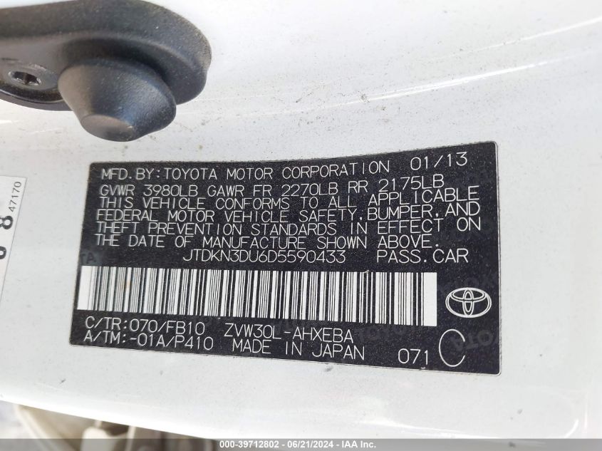 JTDKN3DU6D5590433 2013 Toyota Prius Two