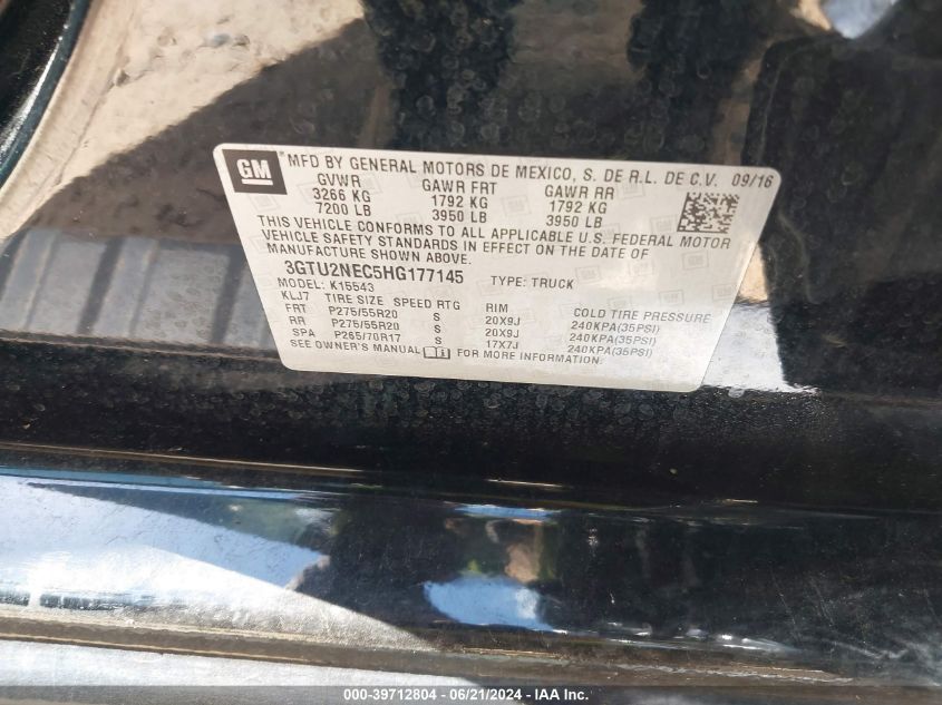 2017 GMC Sierra K1500 Slt VIN: 3GTU2NEC5HG177145 Lot: 39712804