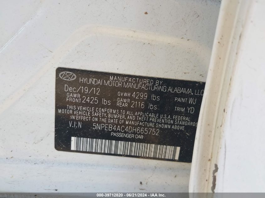 2013 Hyundai Sonata Gls VIN: 5NPEB4AC4DH665752 Lot: 39712820