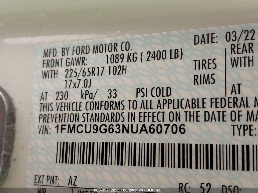 2022 Ford Escape Se VIN: 1FMCU9G63NUA60706 Lot: 39712828