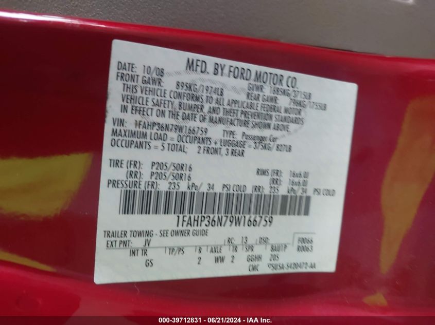 2009 Ford Focus Ses VIN: 1FAHP36N79W166759 Lot: 39712831