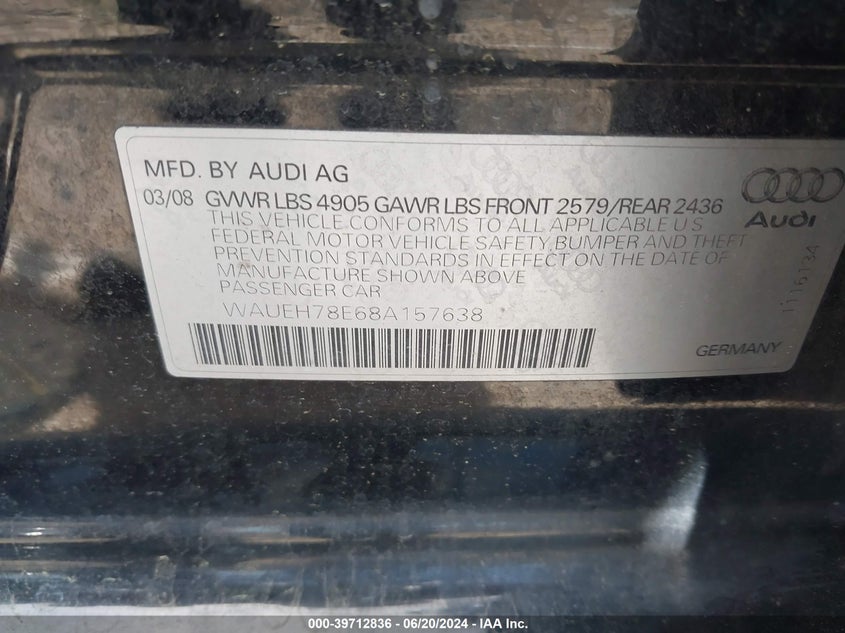 2008 Audi A4 3.2 VIN: WAUEH78E68A157638 Lot: 39712836