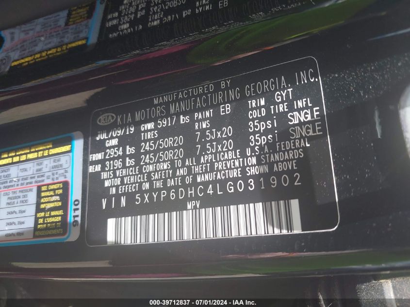 2020 Kia Telluride S VIN: 5XYP6DHC4LG031902 Lot: 39712837