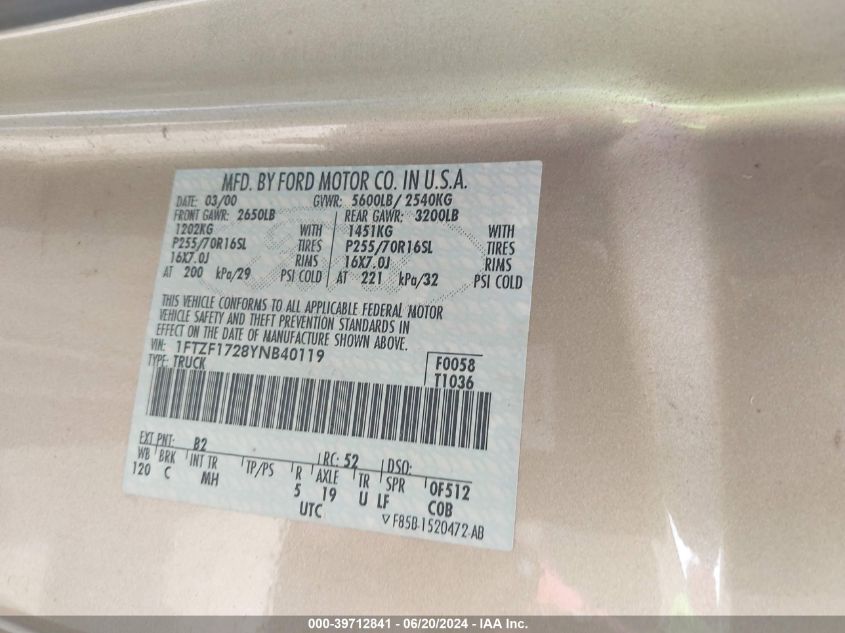 2000 Ford F-150 Work Series/Xl/Xlt VIN: 1FTZF1728YNB40119 Lot: 39712841