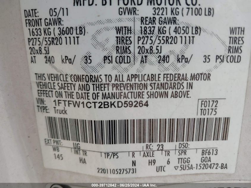2011 Ford F-150 Lariat VIN: 1FTFW1CT2BKD59264 Lot: 39712842