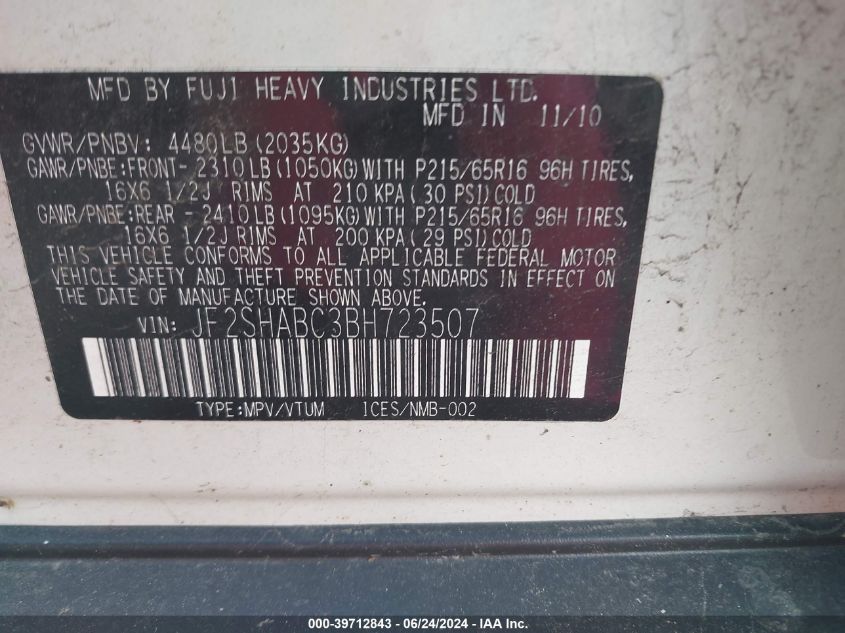 2011 Subaru Forester 2.5X VIN: JF2SHABC3BH723507 Lot: 39712843