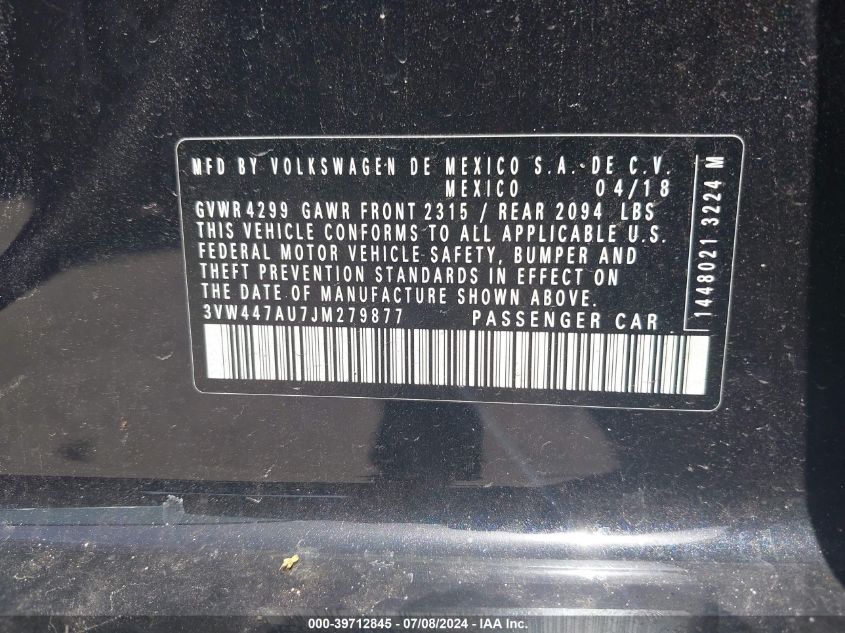 2018 Volkswagen Golf Gti 2.0T Autobahn/2.0T S/2.0T Se VIN: 3VW447AU7JM279877 Lot: 39712845
