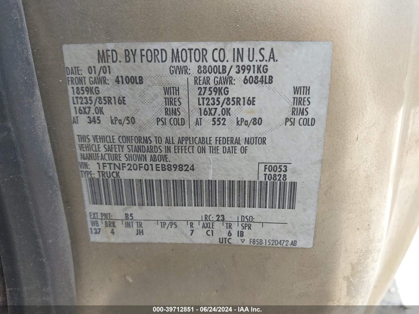 2001 Ford F-250 Xl/Xlt VIN: 1FTNF20F01EB89824 Lot: 39712851