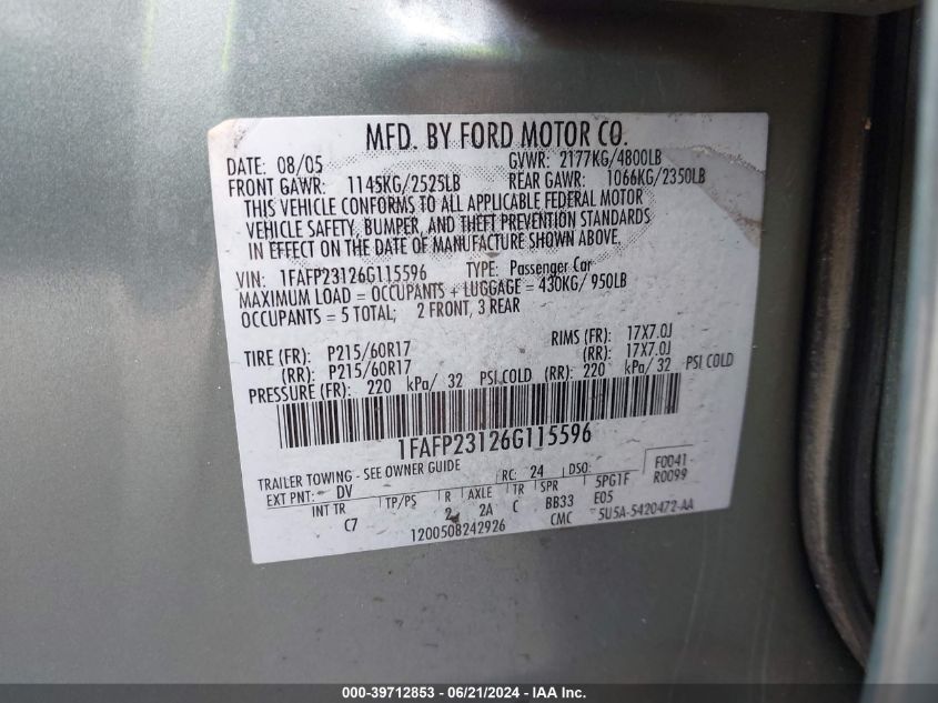 2006 Ford Five Hundred Se VIN: 1FAFP23126G115596 Lot: 39712853