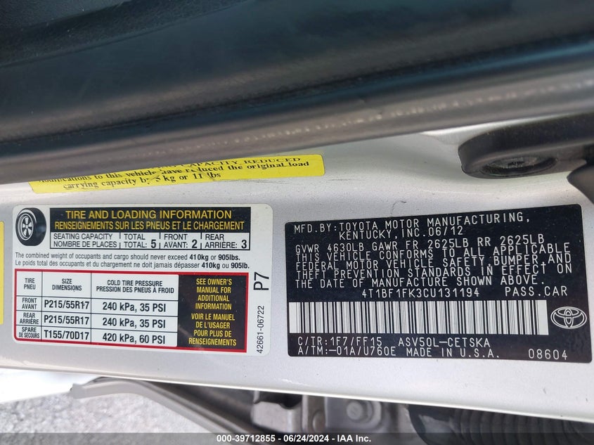 2012 Toyota Camry Se VIN: 4T1BX1FK3CU131194 Lot: 39712855