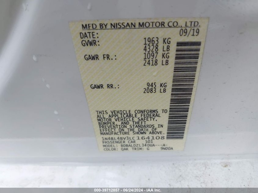 2020 Nissan Altima S Fwd VIN: 1N4BL4BV3LC164108 Lot: 39712857