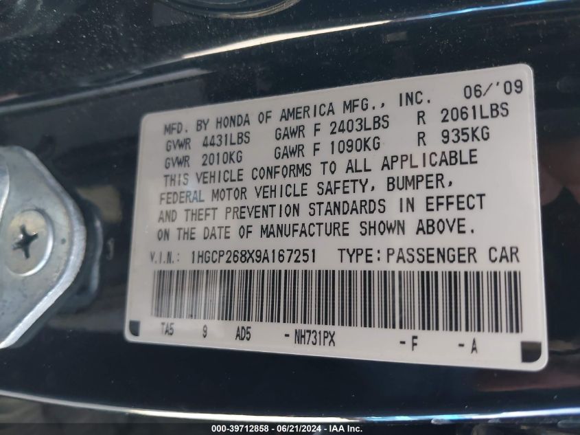 2009 Honda Accord Exl VIN: 1HGCP268X9A167251 Lot: 39712858
