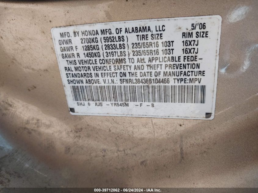 2006 Honda Odyssey Ex VIN: 5FNRL38436B104466 Lot: 39712862