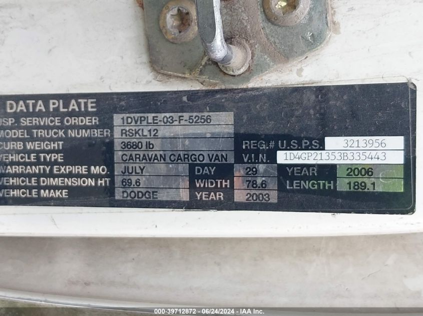 2003 Dodge Caravan Cv VIN: 1D4GP21353B335443 Lot: 39712872