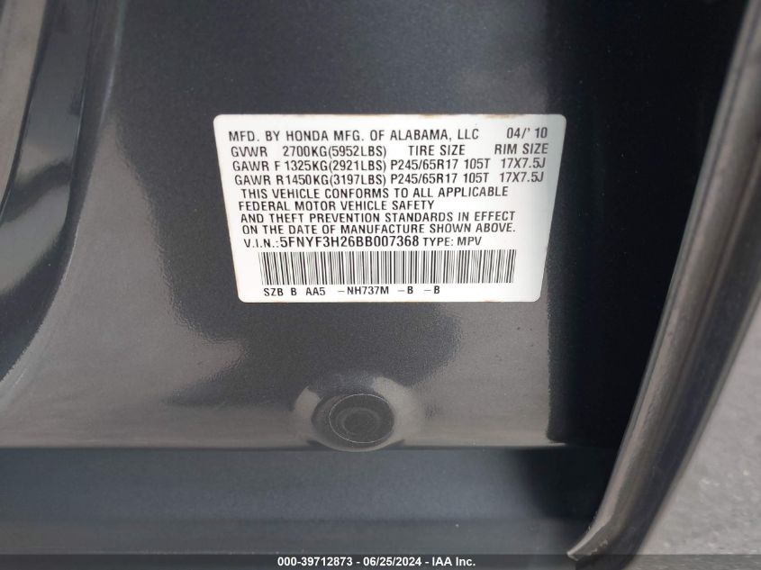 2011 Honda Pilot Lx VIN: 5FNYF3H26BB007368 Lot: 39712873