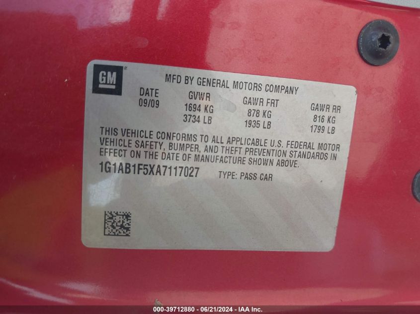 2010 Chevrolet Cobalt Ls VIN: 1G1AB1F5XA7117027 Lot: 39712880