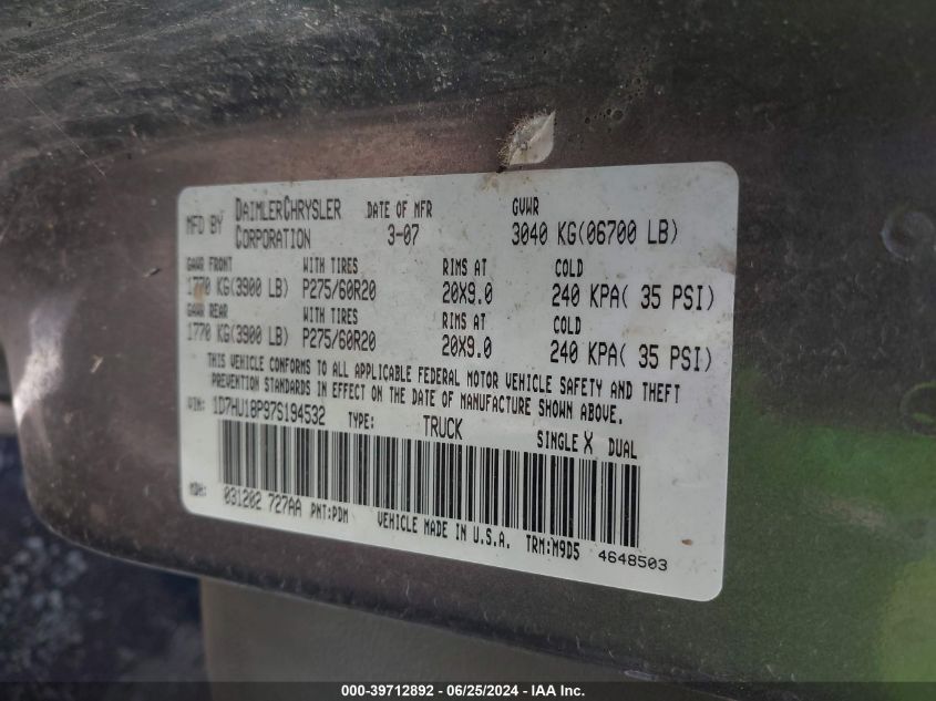 2007 Dodge Ram 1500 St/Slt VIN: 1D7HU18P97S194532 Lot: 39712892