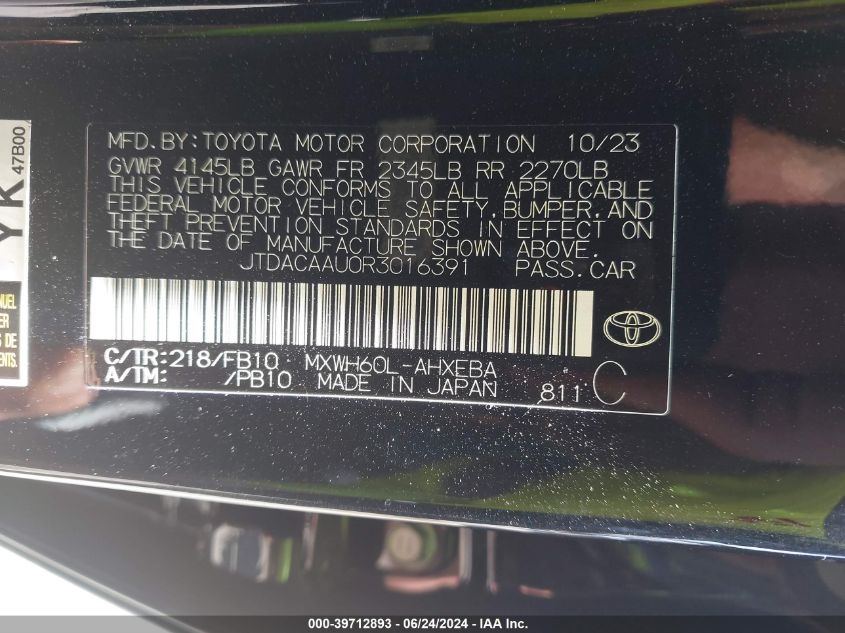 2024 Toyota Prius Le VIN: JTDACAAU0R3016391 Lot: 39712893