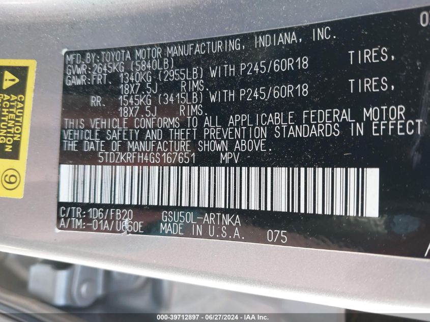 2016 Toyota Highlander Le V6 VIN: 5TDZKRFH4GS167651 Lot: 39712897