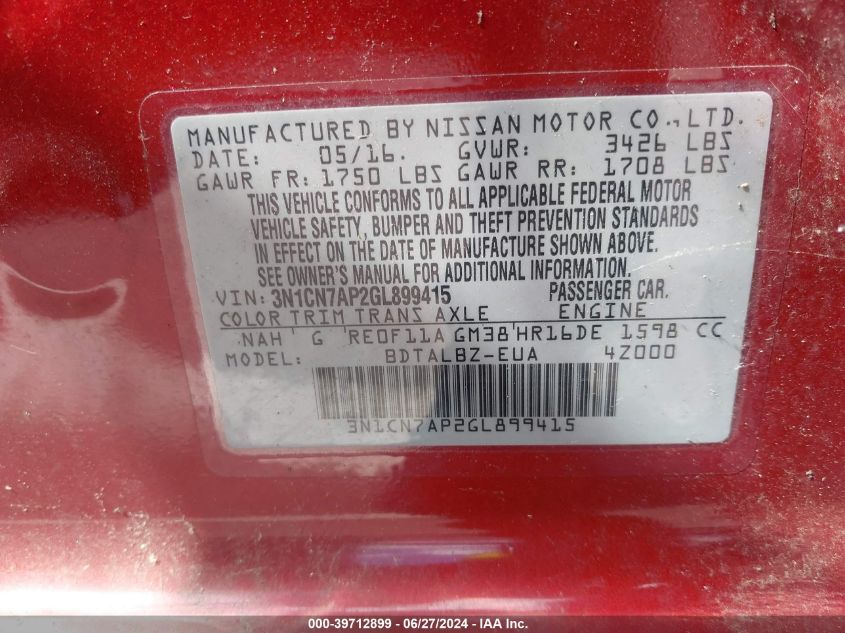 2016 Nissan Versa S/S Plus/Sv/Sl VIN: 3N1CN7AP2GL899415 Lot: 39712899