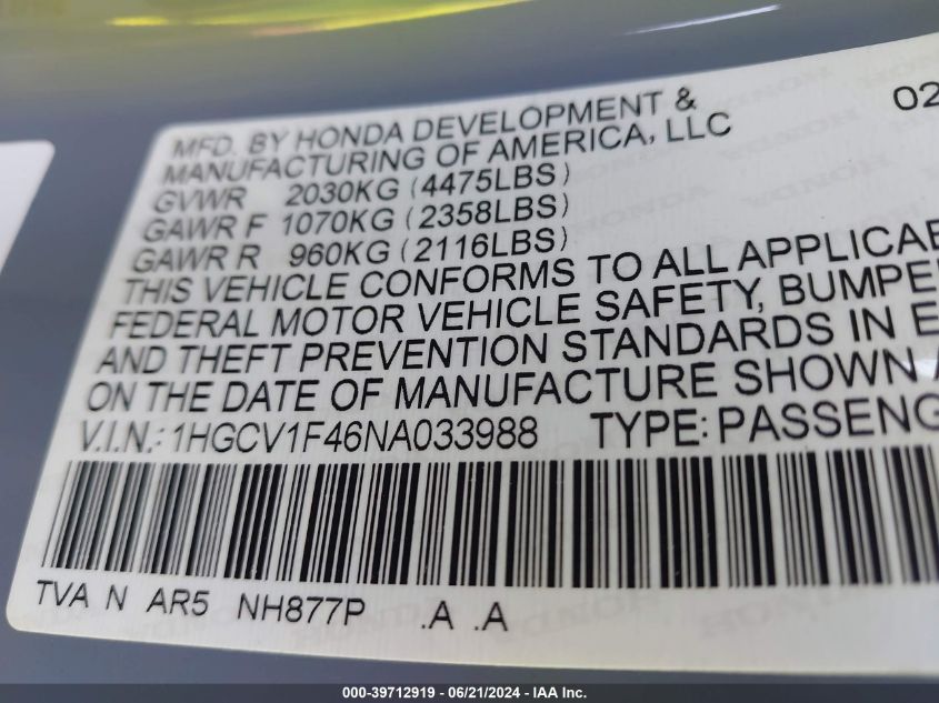 2022 Honda Accord Sport Special Edition VIN: 1HGCV1F46NA033988 Lot: 39712919