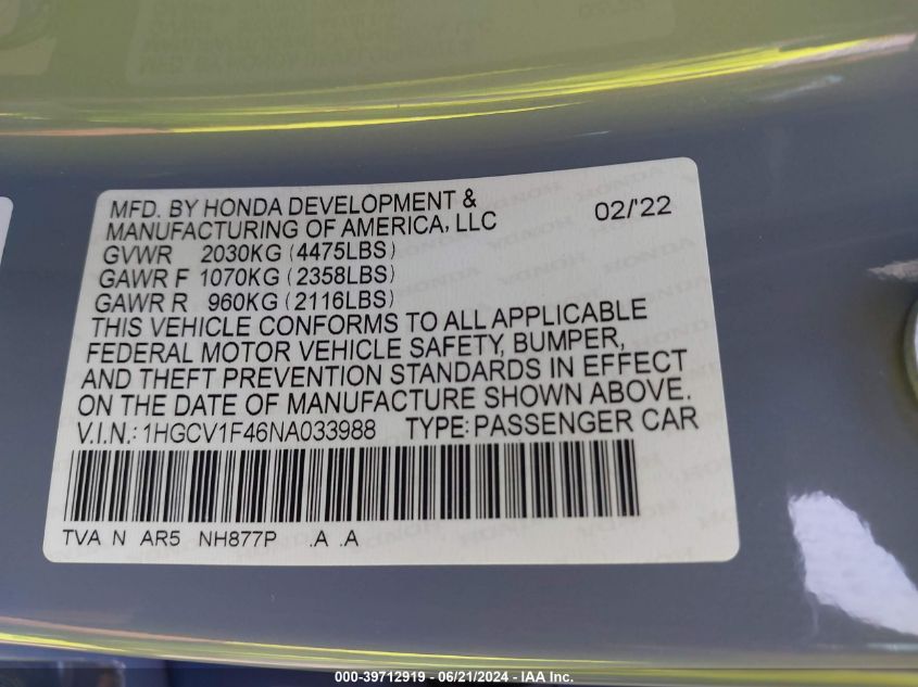 2022 Honda Accord Sport Special Edition VIN: 1HGCV1F46NA033988 Lot: 39712919