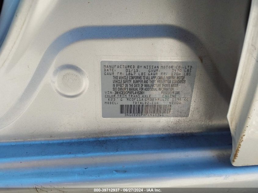 2015 Nissan Versa Note S (Sr)/S Plus/Sl/Sr/Sv VIN: 3N1CE2CPXFL415361 Lot: 39712937