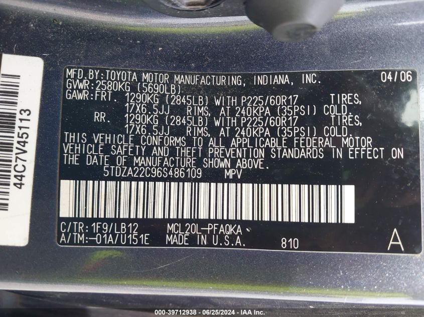 2006 Toyota Sienna Xle Limited VIN: 5TDZA22C96S486109 Lot: 39712938