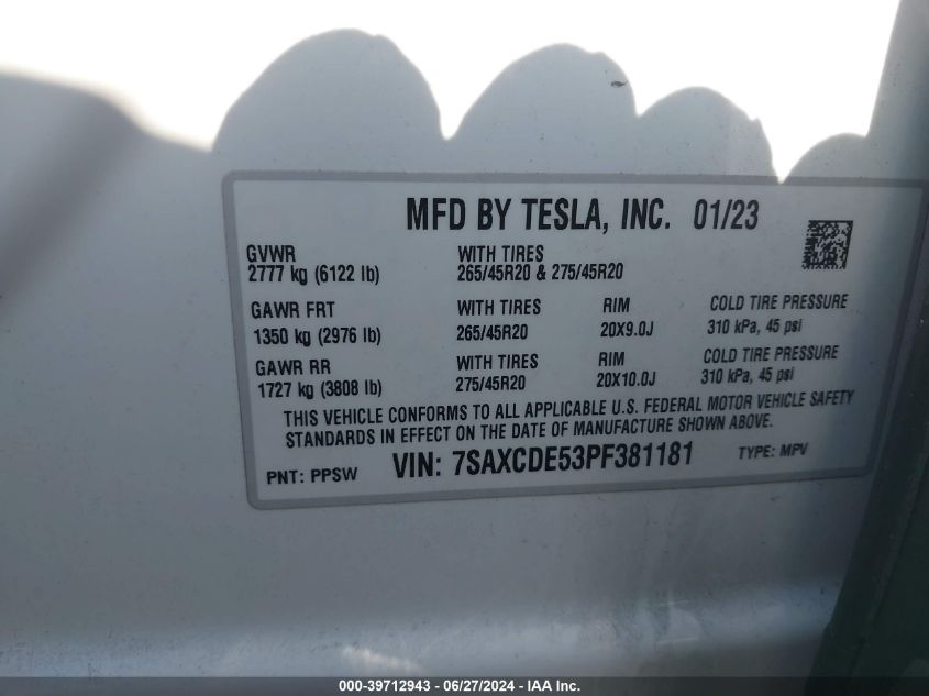 2023 Tesla Model X Dual Motor All-Wheel Drive/Standard Range VIN: 7SAXCDE53PF381181 Lot: 39712943